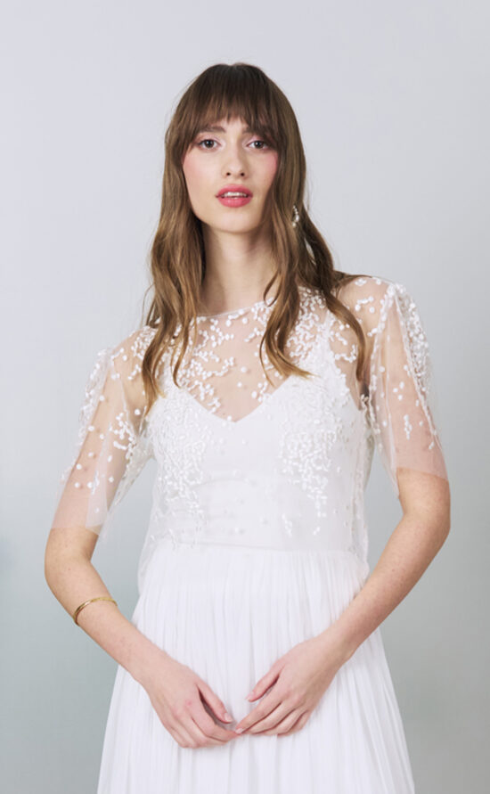 kisui Oui Brauttop Shirt Spitze Tüll mit Pünktchen Bridal Top Tulle Embroidery